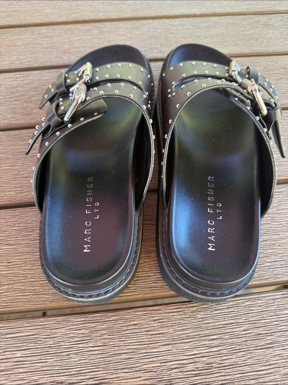Marc Fisher Black Studded Double-Buckle Slide Sandals - Picture 2 of 7